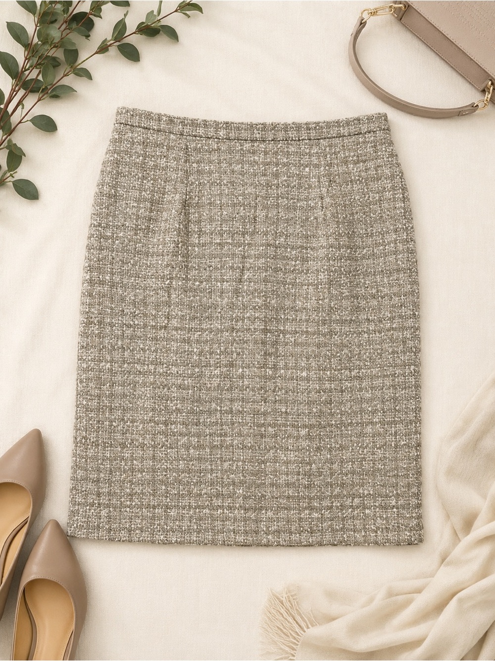 Karen Scott Tweed Pencil Skirt Size 10 Beige Gray Career Office Classic